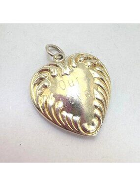 Puffed Heart Antique Sterling Silver 925 Hand Engraved "Our Love" Charm 22mm